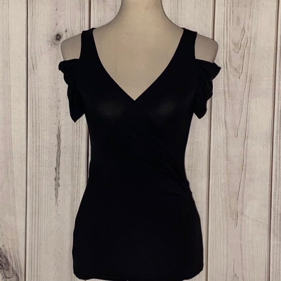 bebe Tops - Bebe Cold Shoulder Surplice Short Sleeve Black Top